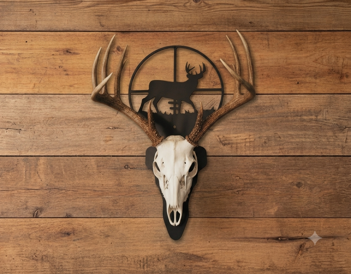 Wolf euro hanger mounted on rustic wood wall with deer skull lifestyle display