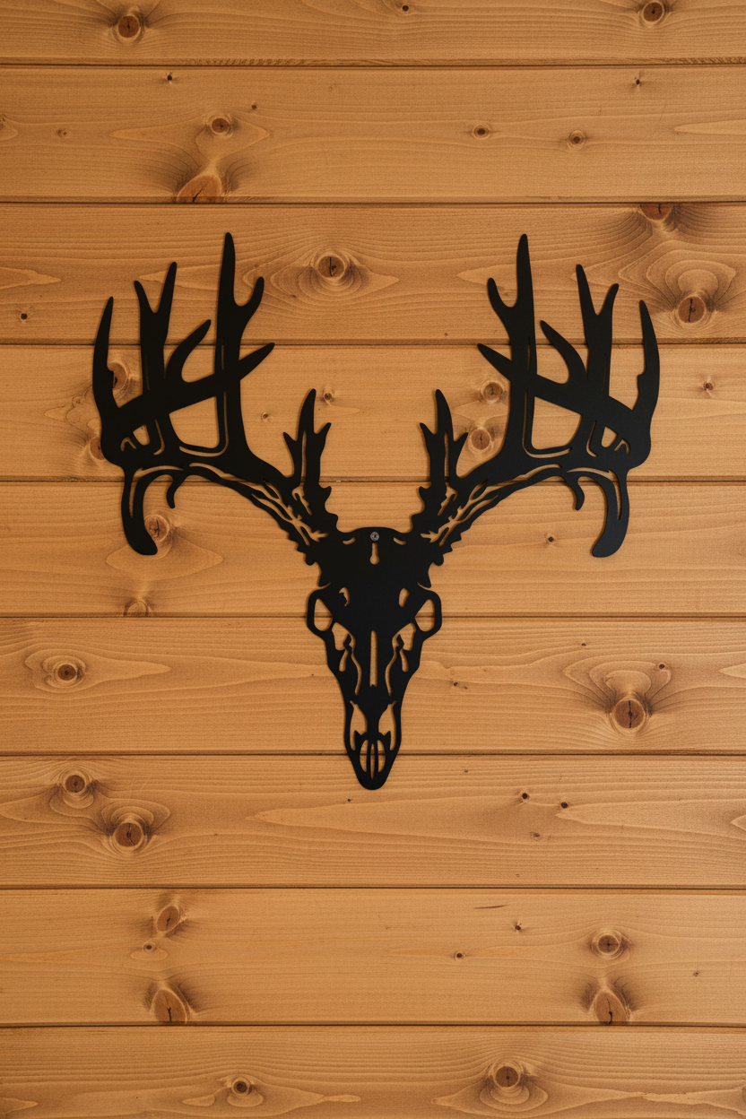 Deer Skull Antler Art on Wood Wall