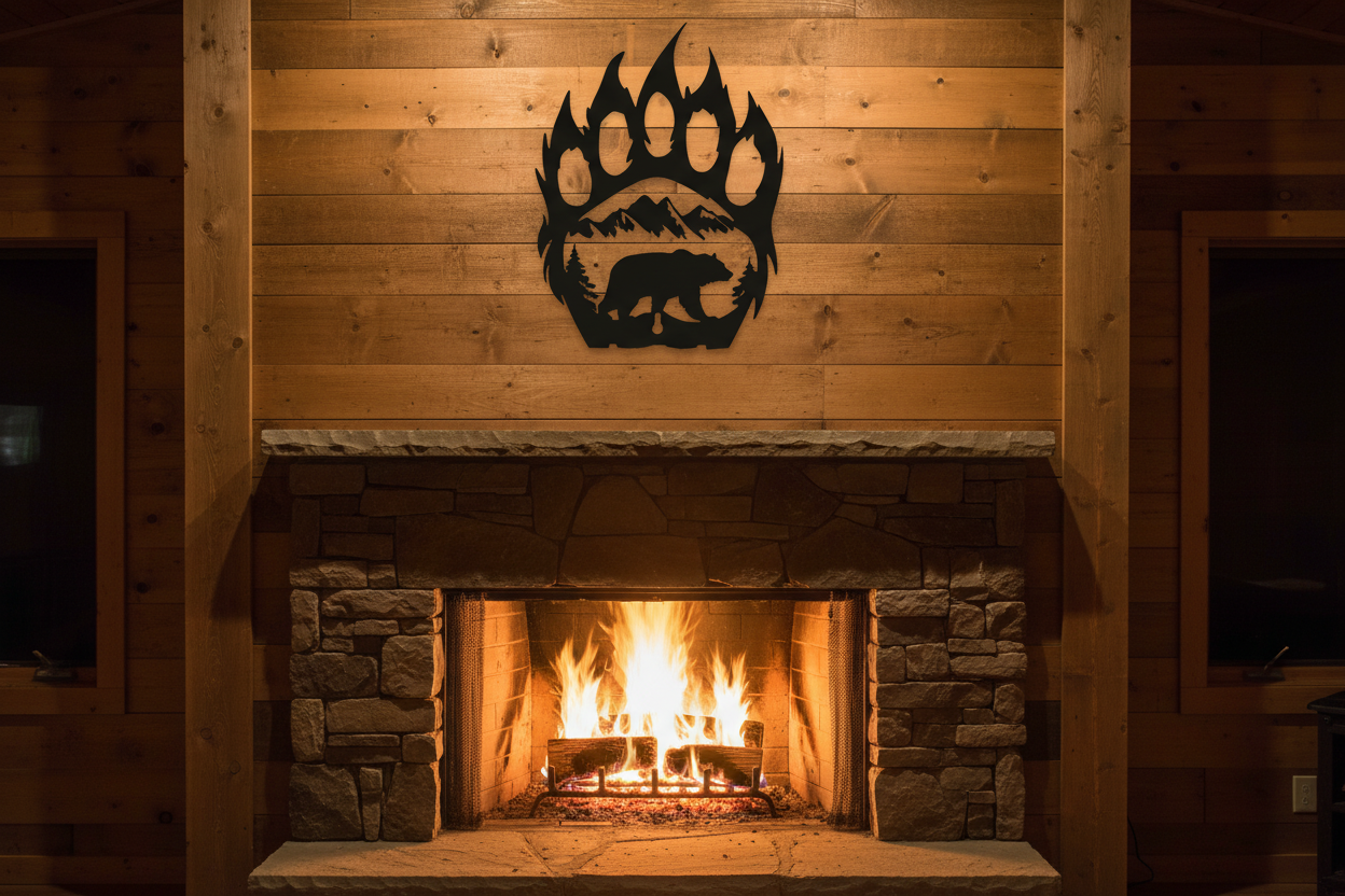 "Bear Paw Mountain Scene Metal Wall Art – 18x20 Matte Black Laser Cut Steel | Hang Em High Euro Hangers"