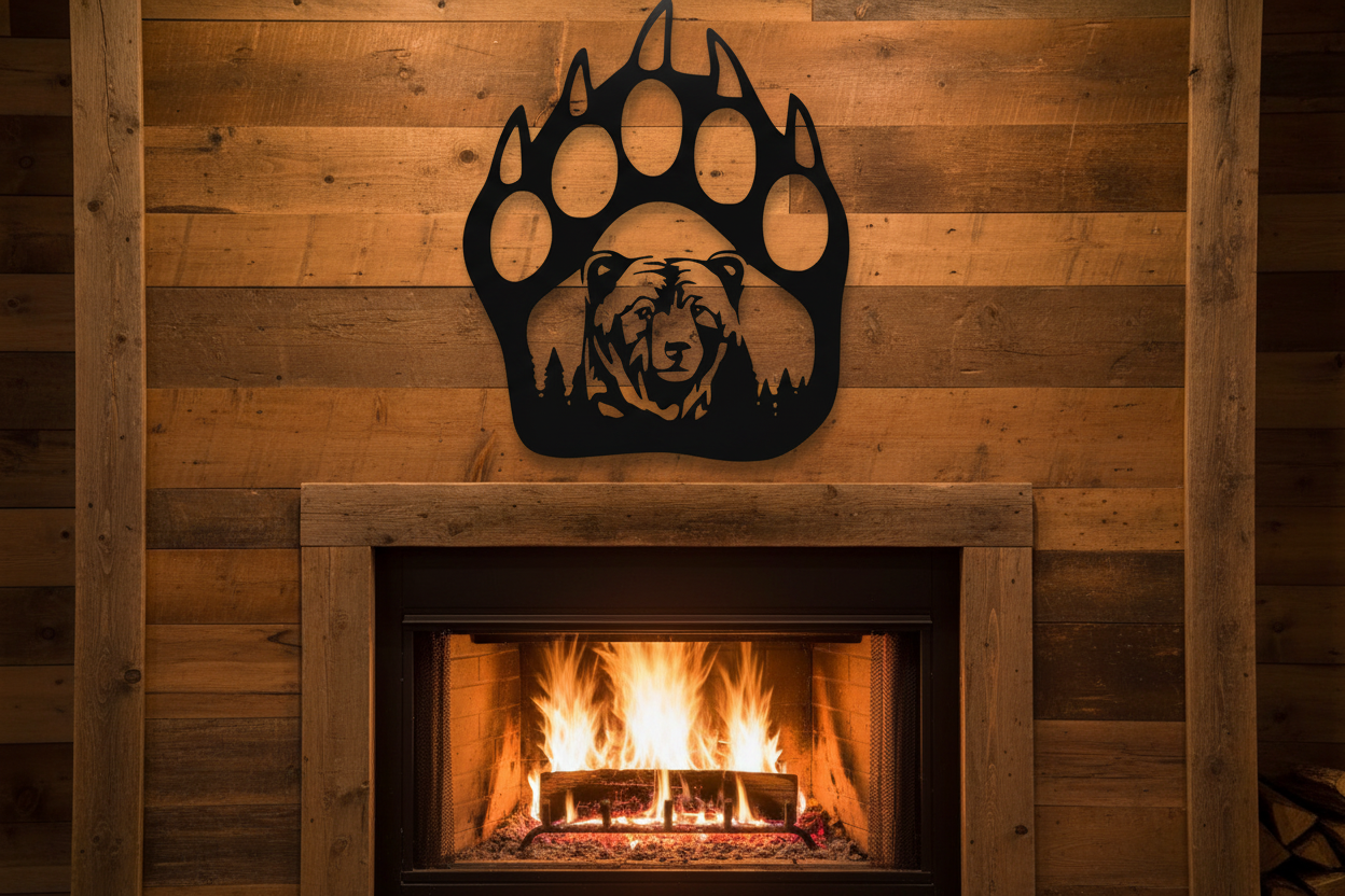 "Bear Paw Bear Face Metal Wall Art – 18x20 Matte Black Laser Cut Steel | Hang Em High Euro Hangers"