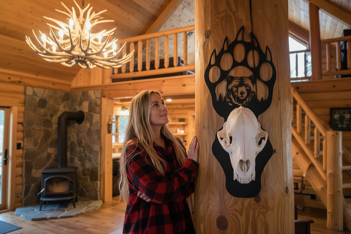 Woman admiring bear paw euro hanger in log cabin